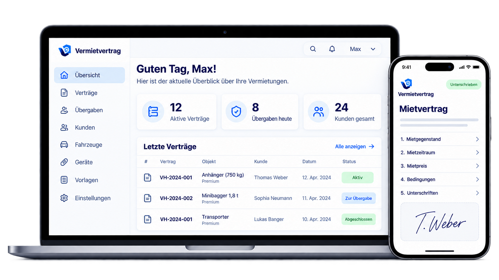Vermietvertrag Dashboard und mobiler Mietvertrag